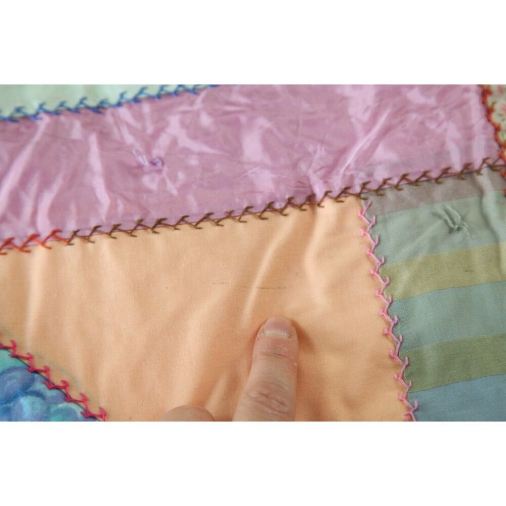 Vintage Crazy Quilt 86" x 69 Heavily Embroidered Pastel Colors Old Hand Tied - Picture 6 of 16